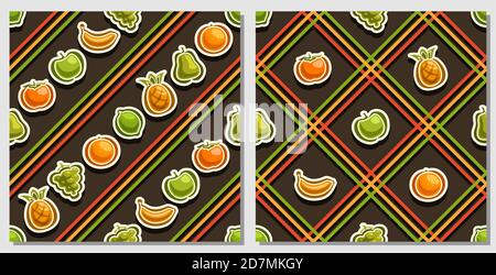 Vector Fruit Seamless Patterns, 2 square repeating fruit backgrounds, set of isolated illustrations of summer fruits on dark background, compatible se Stock Vector