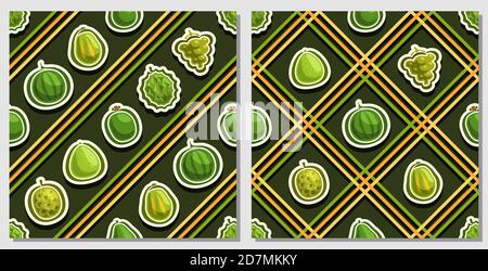 Vector Fruit Seamless Patterns, 2 square repeating fruit backgrounds, set of isolated illustrations of summer fruits on dark background, compatible se Stock Vector