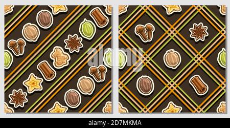 Vector Spice Seamless Patterns, 2 square repeating spice backgrounds, set of isolated illustrations of exotic spices on dark background, compatible se Stock Vector
