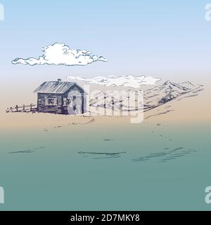 Small country house in mountains, hand drawn doodle sketch, outline illustration on soft background Stock Photo