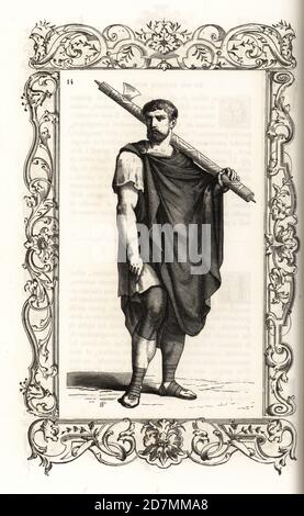 Costume of a Roman lictor. He carries a fasces or axe, and wears a brown chlamys cloak, white tunic, short trousers and caliga boots. Within a decorative frame engraved by H. Catenacci and Fellmann. Woodblock engraving by Gerard Seguin and E.F. Huyot after a woodcut by Christoph Krieger from Cesare Vecellio’s 16th century Costumes anciens et modernes, Habiti antichi et moderni di tutto il mondo, Firman Didot Ferris Fils, Paris, 1859-1860. Stock Photo