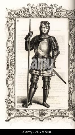 Soldier in armor of the era of Rudolf II, Holy Roman Emperor. He wears a helmet, suit of plate armor, breastplate cuirass, tunic, cuisses, greaves, and gauntlets. He is armed with sword and lance. Within a decorative frame engraved by H. Catenacci and Fellmann. Woodblock engraving by Gerard Seguin and E.F. Huyot after a woodcut by Christoph Krieger from Cesare Vecellio’s 16th century Costumes anciens et modernes, Habiti antichi et moderni di tutto il mondo, Firman Didot Ferris Fils, Paris, 1859-1860. Stock Photo