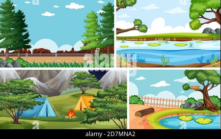 Four different scenes in nature setting cartoon style illustration Stock Vector