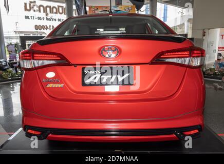 Phayao, Thailand - Sep 13, 2020: Zoom Tail Red Toyota Yaris Ativ 2020 in Toyota Car Dealership Showroom Stock Photo