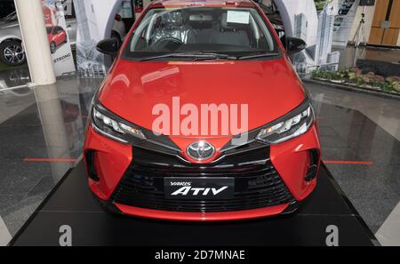 Phayao, Thailand - Sep 13, 2020: Top Front Red Toyota Yaris Ativ 2020 in Toyota Car Dealership Showroom Stock Photo