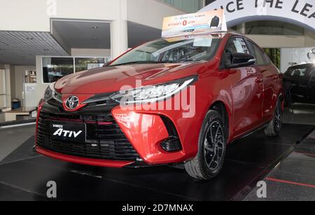 Phayao, Thailand - Sep 13, 2020: Front Left Red Toyota Yaris Ativ 2020 in Toyota Car Dealership Showroom Stock Photo