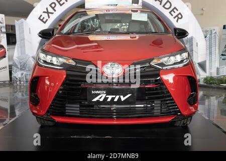 Phayao, Thailand - Sep 13, 2020: Front Red Toyota Yaris Ativ 2020 in Toyota Car Dealership Showroom Stock Photo