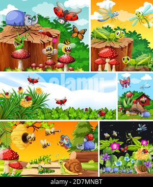 Set of different insects living in the garden background illustration Stock Vector