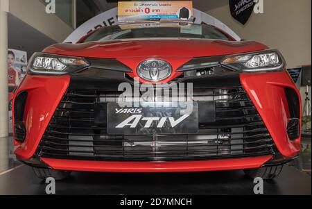 Phayao, Thailand - Sep 13, 2020: Low Angle Front Red Toyota Yaris Ativ 2020 in Toyota Car Dealership Showroom Stock Photo