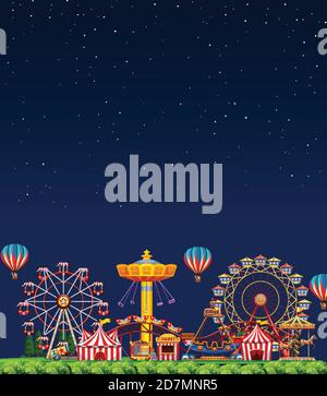 Amusement park scene at night with blank dark blue sky illustration ...