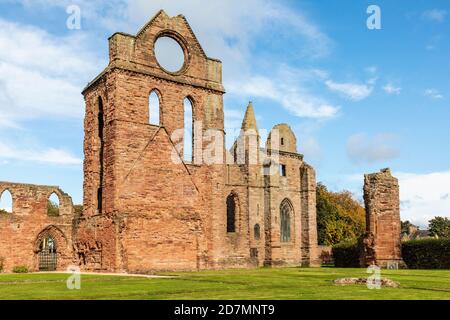 Arbroath Abbey, in the Scottish town of Arbroath, was founded in 1178 by King William the Lion for a group of Tironensian Benedictine monks from Kelso Stock Photo