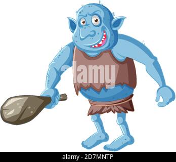 Blue goblin or troll holding hunting tool in cartoon character isolated illustration Stock Vector