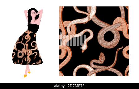 Cool snake print. Snakes on a black background seamless vector pattern. Printing on textiles. Fabric design. Stock Vector