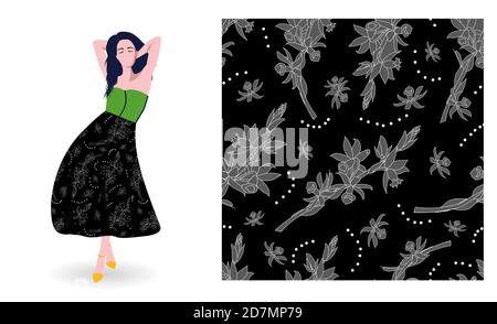 Cool floral print. white flowers on black background seamless vector pattern. Printing on textiles. Fabric design. Stock Vector