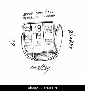 Upper arm blood pressure monitor with inscription around always be healthy, hand drawn doodle sketch, isolated outline illustration Stock Photo
