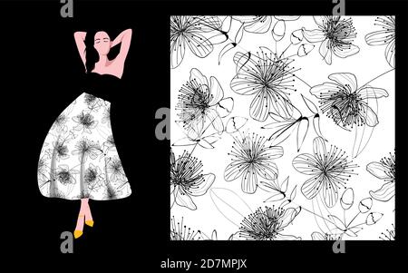 Print Textile Fabric Design Cool Floral Print Black Flowers White. Stock Vector