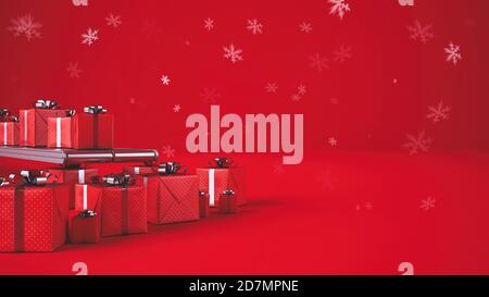 Christmas gift boxes, on conveyor rollers, ready to be shipped on red background with snow flakes Stock Photo