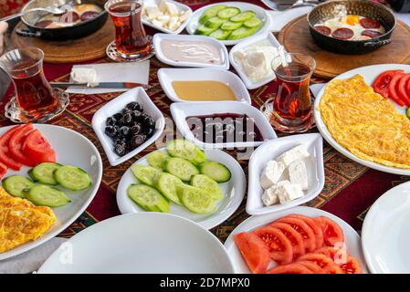 Traditional natural Turkish breakfast with many kind of food and snacks, table with Turkish food Stock Photo