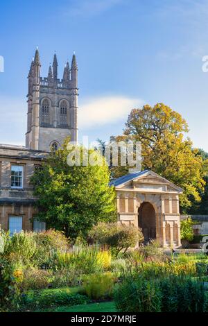 Oxford botanical gardens with Magdalen tower in the distance in the autumn. Oxford, Oxfordshire, England Stock Photo