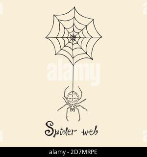 Spider and web with inscription in woodcut style design. Hand drawn doodle, sketch in pop art style, isolated black and white illustration Stock Photo