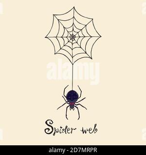 Spider and web with inscription, woodcut style design, hand drawn doodle, sketch in pop art style, isolated color illustration Stock Photo