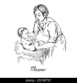 Woman massaging newborn child, hand drawn doodle, sketch, black and white illustration Stock Photo