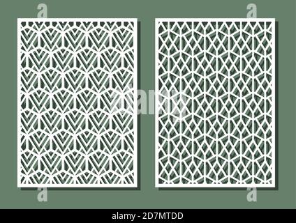 Geometric shapes in gexagon seamless pattern for laser cutting. Universal greeting card, laser cut panel. Vector illustration. Rectangle A4 Stock Vector