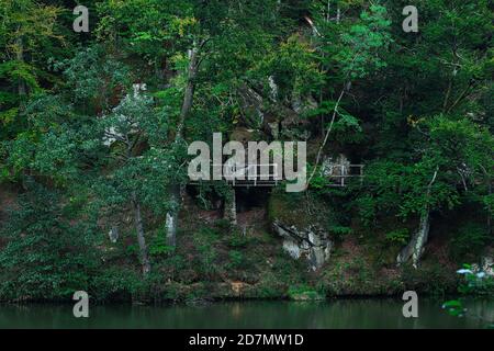 Steep hillside by the water with old wooden bridge and coniferous trees and bushes on its sides Stock Photo