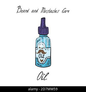 Beard and mustaches care oil blue bottle with inscription, hand drawn doodle sketch, isolated illustration Stock Photo