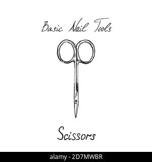 Basic nail tools, scissors, hand drawn doodle sketch with inscription, isolated  illustration Stock Photo