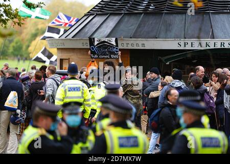 Hyde Park, London, UK. 24 October, 2020. Further action by anti lockdown protesters who are meeting and protesting in Hyde Park, London. No social distancing is being observed and no masks worn by attendants. Photo Credit: Paul Lawrenson-PAL Media/Alamy Live News