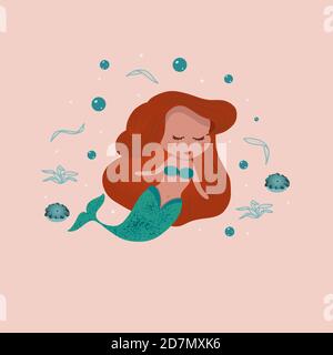 Red hair mermaid cartoon drawing with bubbles and seaweed around. Cute little mermaid girl for design or print. Stock Vector