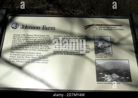 The historical Johnson Farm in Virginia's Blue Ridge Parkway, USA. Historical marker. Stock Photo