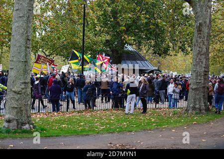 Hyde Park, London, UK. 24 October, 2020. Further action by anti lockdown protesters who are meeting and protesting in Hyde Park, London. No social distancing is being observed and no masks worn by attendants. Photo Credit: Paul Lawrenson-PAL Media/Alamy Live News