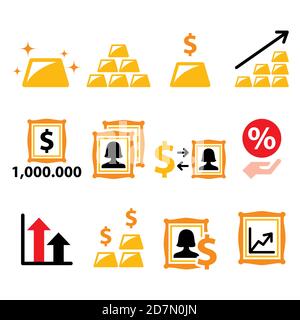 Alternative investments - investing money in gold and art, finance vector icons set Stock Vector
