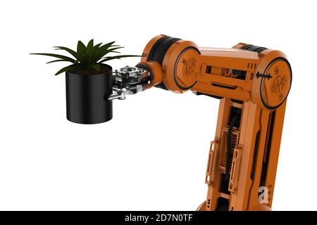 Agriculture technology concept with 3d rendering robotic arm  hold plant isolated Stock Photo
