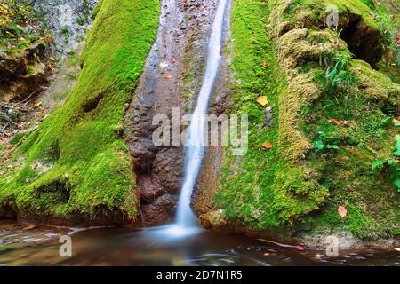 Susara waterfall flowing over mossy rock, image taken in Romania Stock Photo