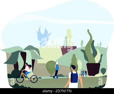 People in city park. Free green giant plants persons walk ride bike in eco urban summer spring garden healthy lifestyle vector concept. Illustration of outdoor sport in city park Stock Vector