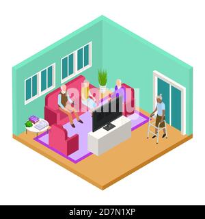 Isometric nursing home living room interior with old people vector concept. Illustration of elderly pensioner retirement, woman and man in living room Stock Vector