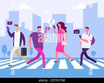 Social media and people in the big town vector concept. Illustration of social media communication, addiction smartphone Stock Vector