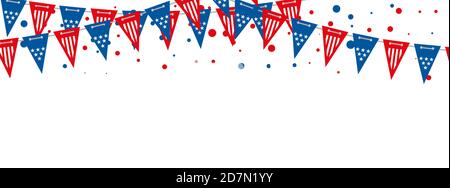 The USA flags vector banner. Triangle american flags garland background. Illustration of flag garland decoration festival, usa american holiday Stock Vector