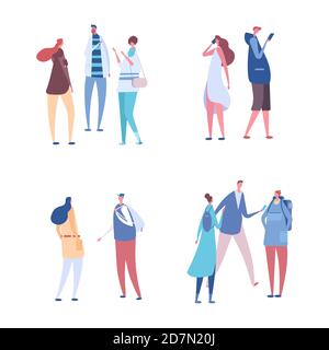 People communicate in groups vector set. Communication, discussion or meeting illustration. Conversation team, discussion man and woman Stock Vector