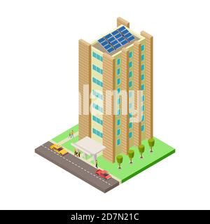 Big apartment house, cars, taxi and people isometric vector illustration. House isometric building, residential isometry exterior, architecture skyscraper Stock Vector