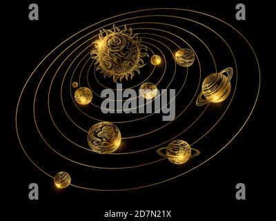 Shine golden solar system with hand drawn planets isolated on black background. Golden solar system, astronomy and galaxy, cosmos universe with sun illustration Stock Vector