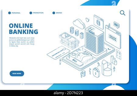 Online banking isometric landing page. Money transfers, secure transaction, currency exchange with phone. Vector website template. Web banking payment, mobile online app page illustration Stock Vector