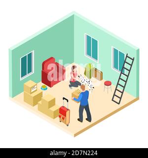 Young couple with a dog moves into a new apartment isometric vector illustration. Couple man and woman together in new apartment Stock Vector