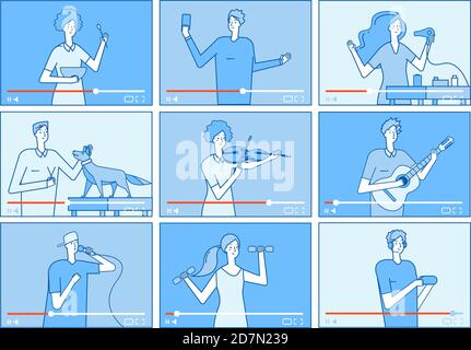 Video tutorials. People bloggers on video screen. Social media marketing vloggers content creators. Tube channel vector characters set. Video blog or vlog internet, blogging and youtuber illustration Stock Vector