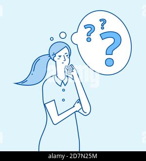 Girl in doubt. Young confused woman thinking. Pensive worried thoughtful businesswoman with problems vector concept. Lady thinking and pensive, uncertainty blue drawing illustration Stock Vector