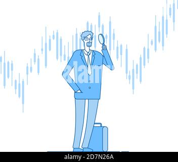 Investor with magnifier. Investments business challenge opportunity. Successful finance control growth chart vector linear. Illustration of business leadership, looking at investment Stock Vector