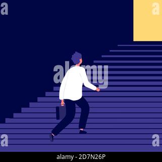 Man climbing steps. Success in businessman career growth personal development challenge. ambitious aspirations to goals vector concept. Illustration of businessman climbing stairway, career up Stock Vector